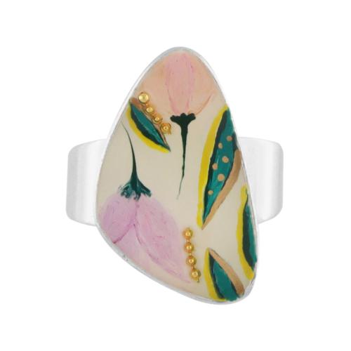 Bague réglable Taratata Bijoux Brindille Métal, résines colorées dont les motifs sont peints à la main, microbilles en métal