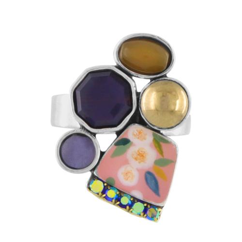 Bague réglable Taratata Bijoux Ciboulette Métal, résines colorées dont les motifs sont peints à la main, perles en verre, chaîne de strass