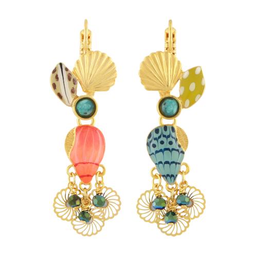 Boucles d'oreilles dormeuses Taratata Bijoux Archipel Métal, résines colorées dont les motifs sont peints à la main, perles en verre, strass, quartz teinté