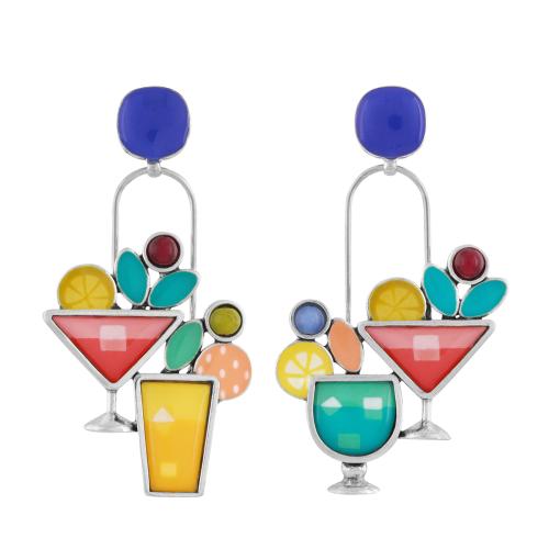 Boucles d'oreilles pointes Taratata Bijoux Cocktail Métal, résines colorées dont les motifs sont peints à la main, perle en verre, perles en jade teinté