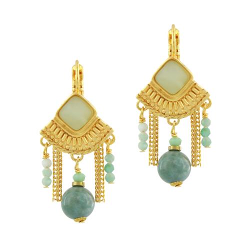 Boucles d'oreilles dormeuses Taratata Bijoux avec perles en Jade et pierres en Amazonite.