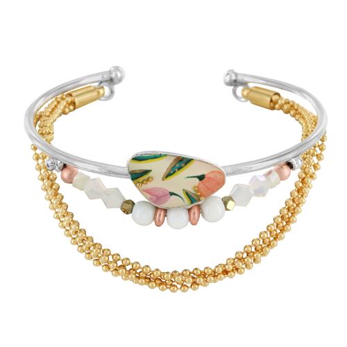 Bracelet ajustable Taratata Bijoux Brindille Métal, résines colorées dont les motifs sont peints à la main, perles en verre, microbilles en métal, perles en nacre