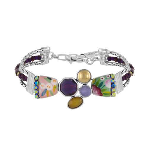 Bracelet ajustable Taratata Bijoux Ciboulette Métal, résines colorées dont les motifs sont peints à la main, perles en verre, chaîne de strass