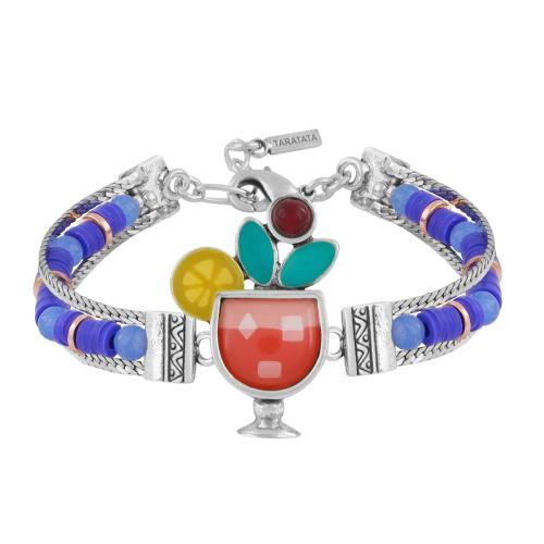 Bracelet ajustable Taratata Bijoux Cocktail en métal, résines colorées dont les motifs sont peints à la main, perles en verre, perles heishi, perles en jade teinté